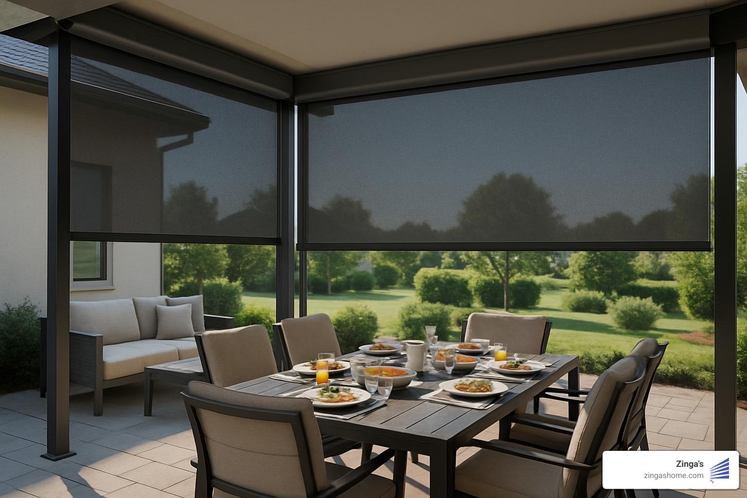 Outdoor patio with motorized shades creating comfortable shaded dining area - motorized shades for patios Outdoor patio with motorized shades creating comfortable shaded dining area - motorized shades for patios