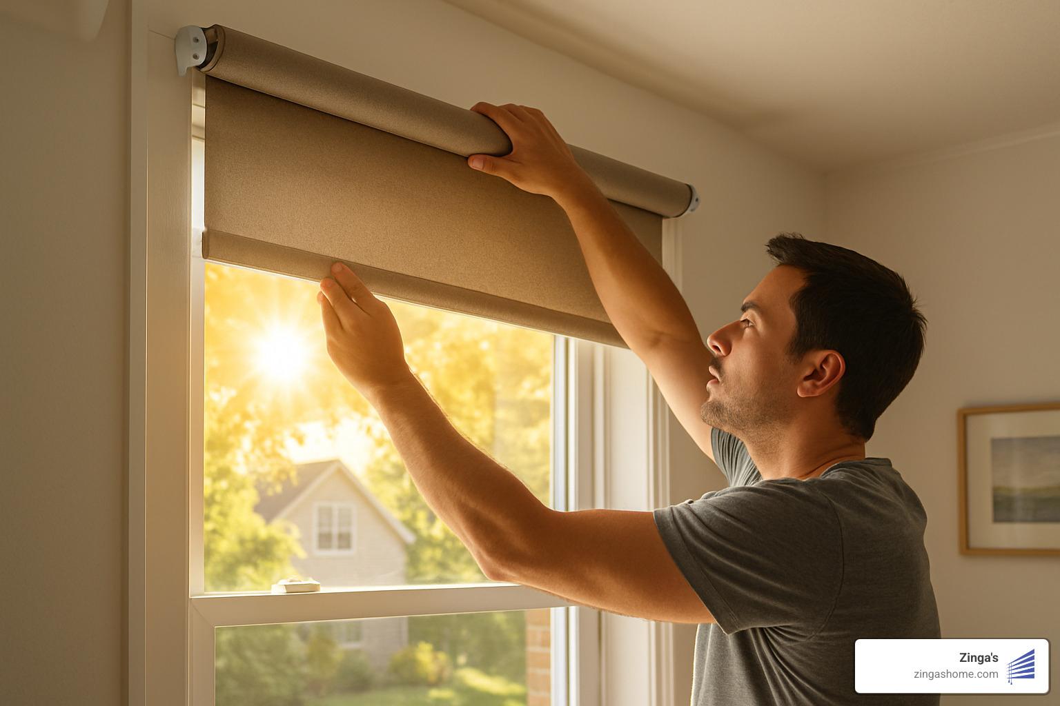 Installing outside-mount roller blinds for maximum sun blocking - sun blocking window blinds Installing outside-mount roller blinds for maximum sun blocking - sun blocking window blinds