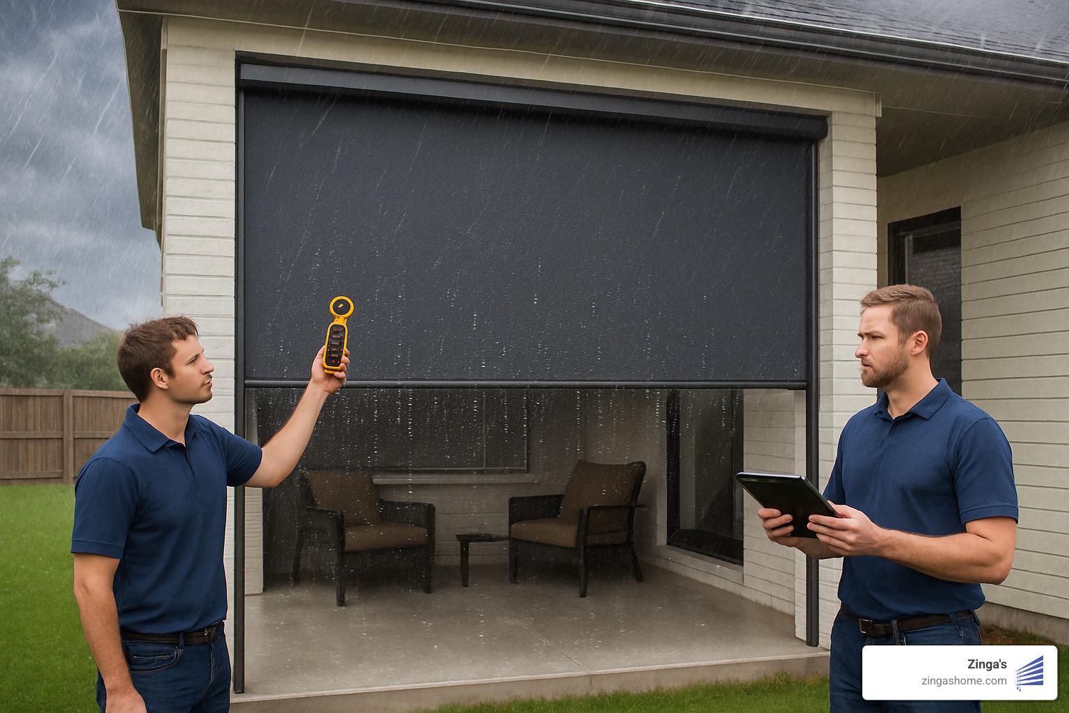 Weather resistance testing of automatic outdoor blinds in wind and rain conditions - automatic outdoor blinds