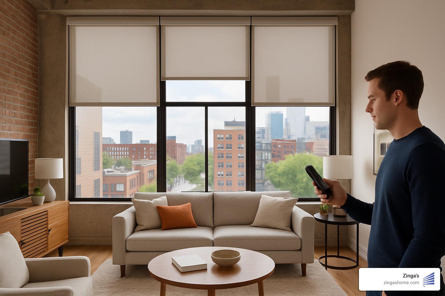 Remote-controlled motorized shades in modern loft - sun blocking window blinds Remote-controlled motorized shades in modern loft - sun blocking window blinds