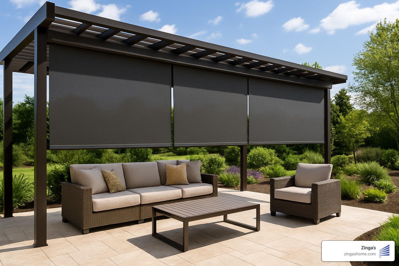 Large patio installation showing custom-sized motorized shades covering wide span - motorized shades for patios Large patio installation showing custom-sized motorized shades covering wide span - motorized shades for patios