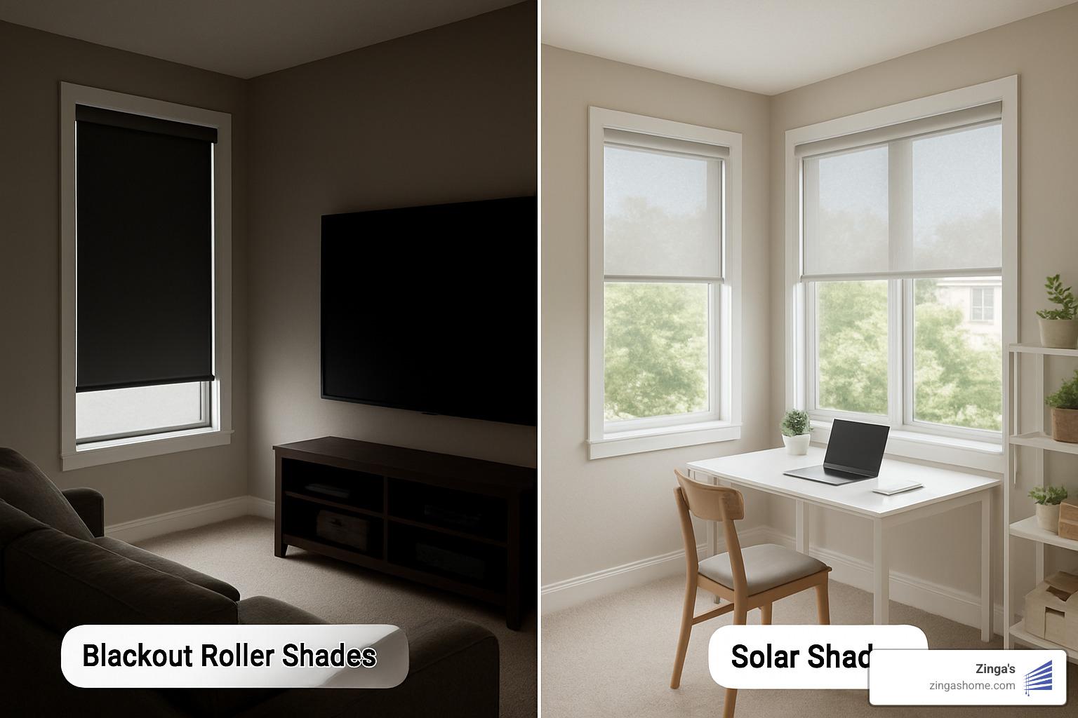 Side-by-side comparison of different rooms with appropriate sun blocking window treatments - sun blocking window blinds Side-by-side comparison of different rooms with appropriate sun blocking window treatments - sun blocking window blinds