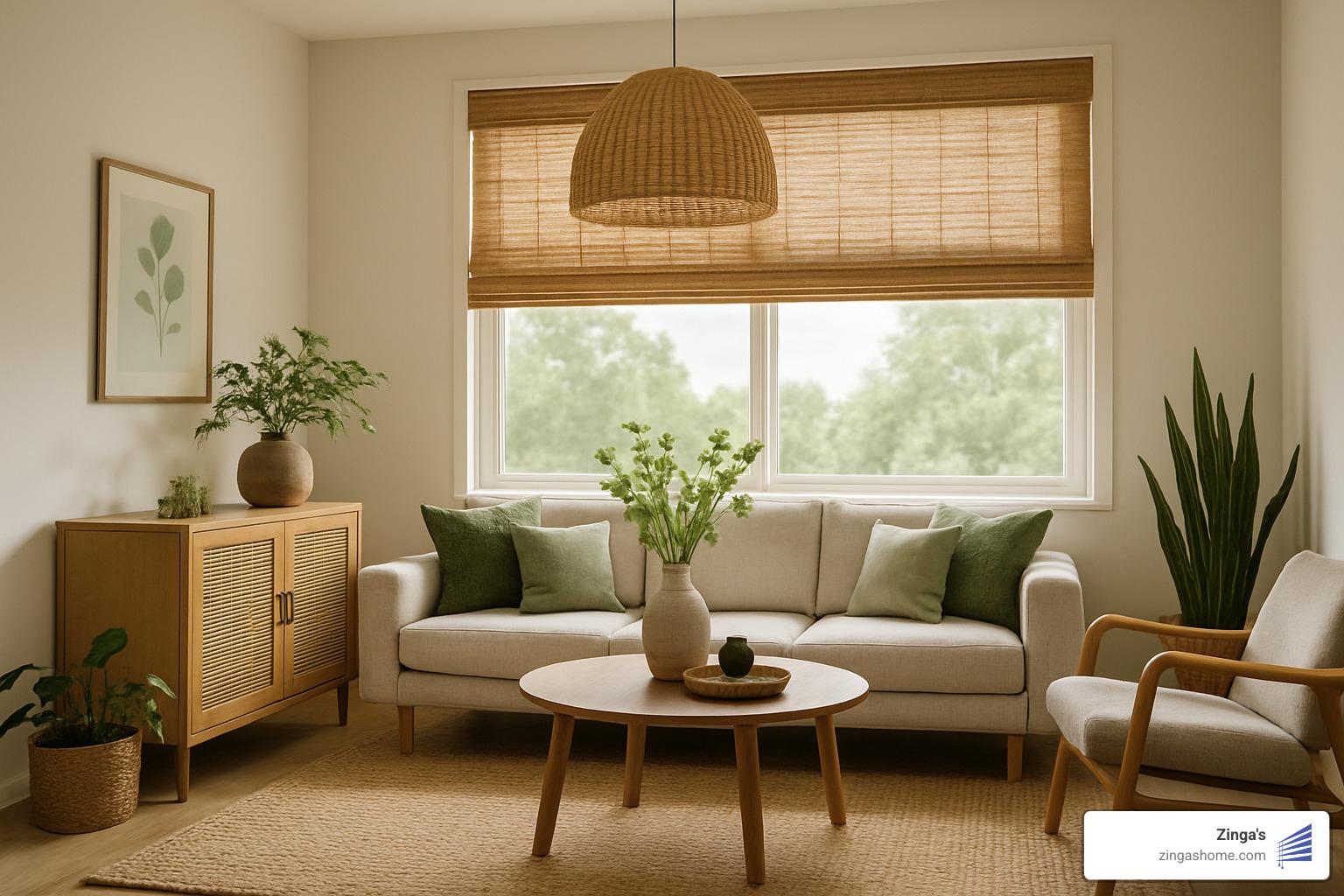 bamboo roman shade in a modern living room - eco friendly window blinds bamboo roman shade in a modern living room - eco friendly window blinds