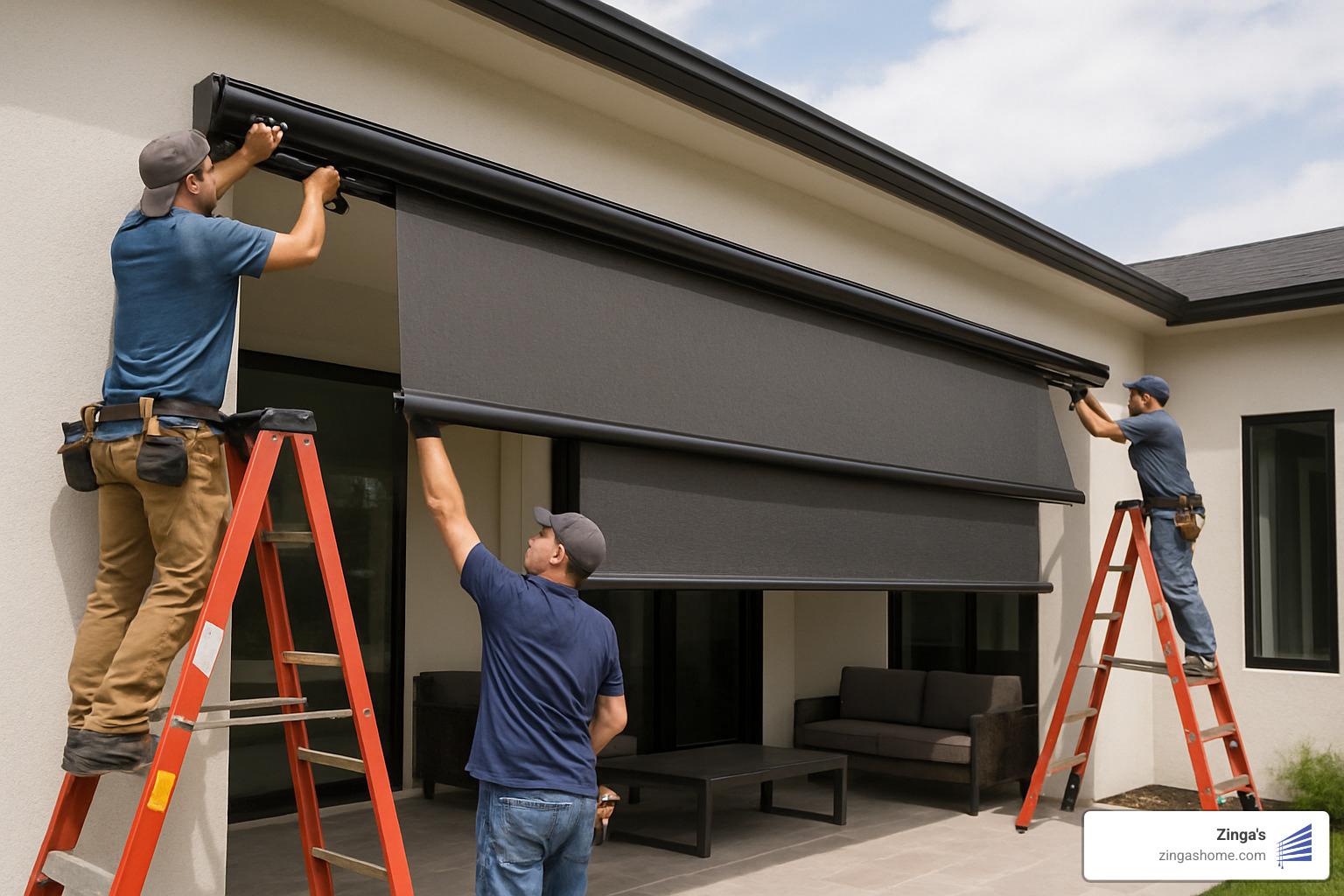 Professional installation team mounting motorized patio shade system - motorized shades for patios Professional installation team mounting motorized patio shade system - motorized shades for patios