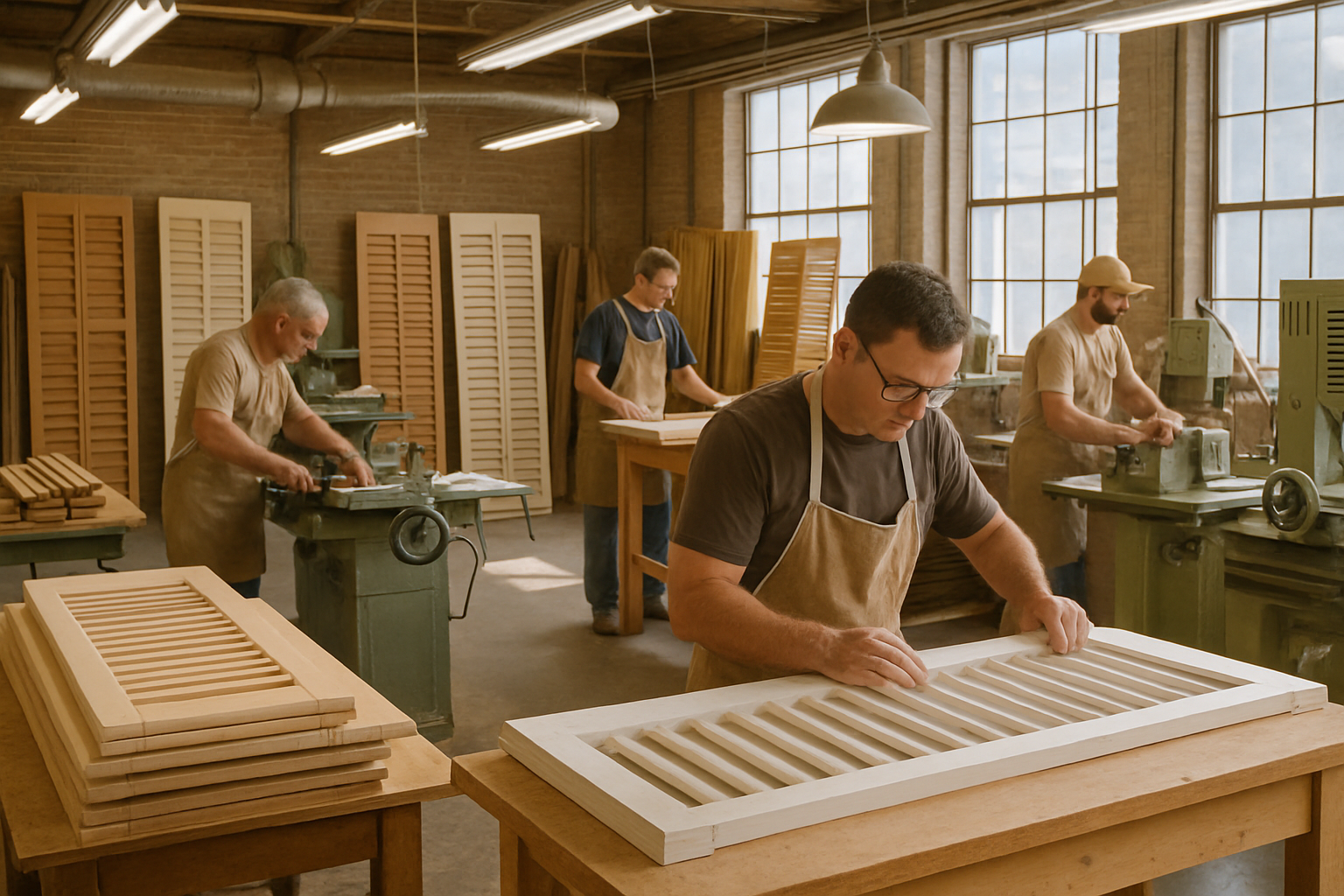Interior of a custom shutter manufacturing facility with craftsmen at work - dfw shutters