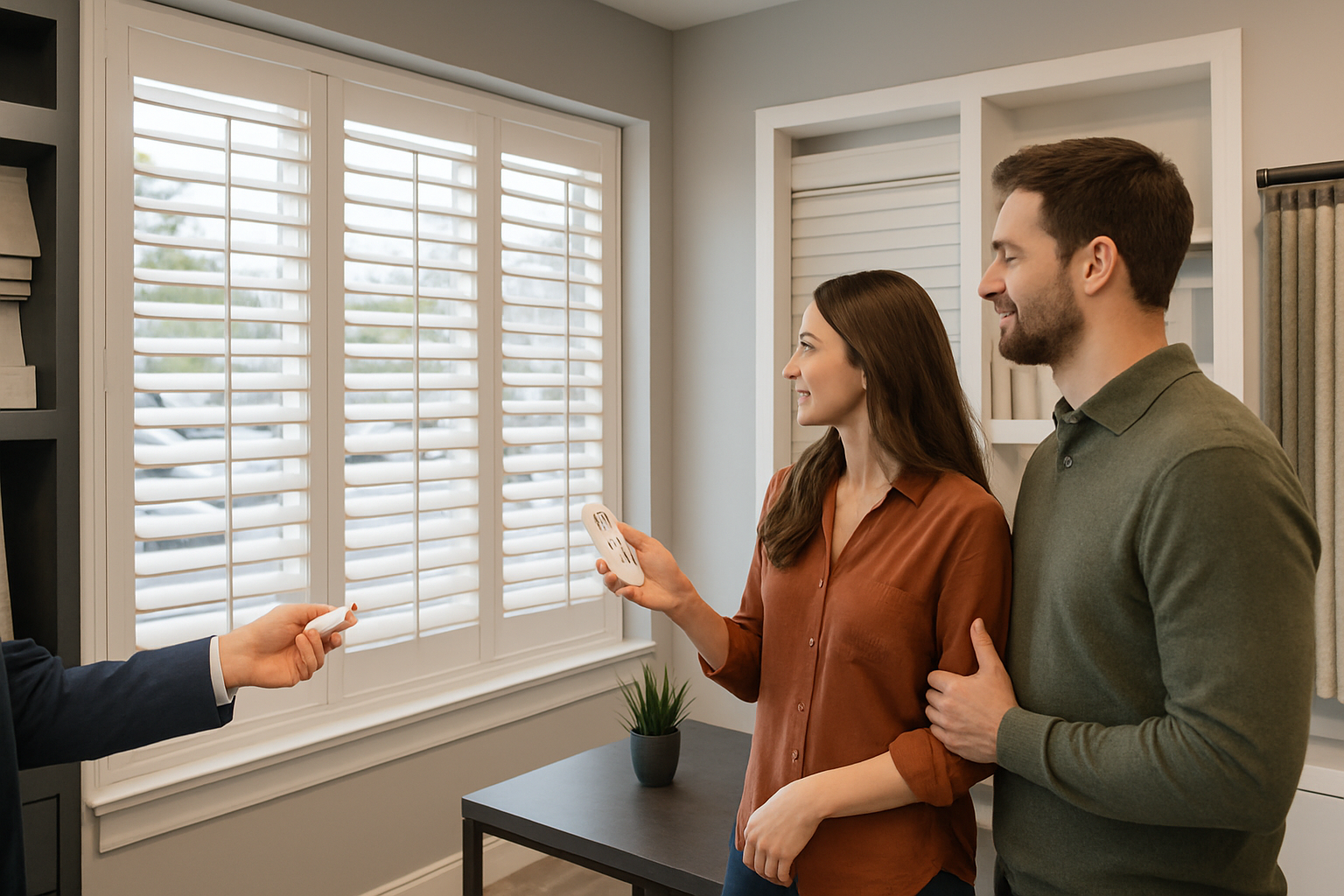 Demonstration of motorized plantation shutters in a showroom - dfw shutters