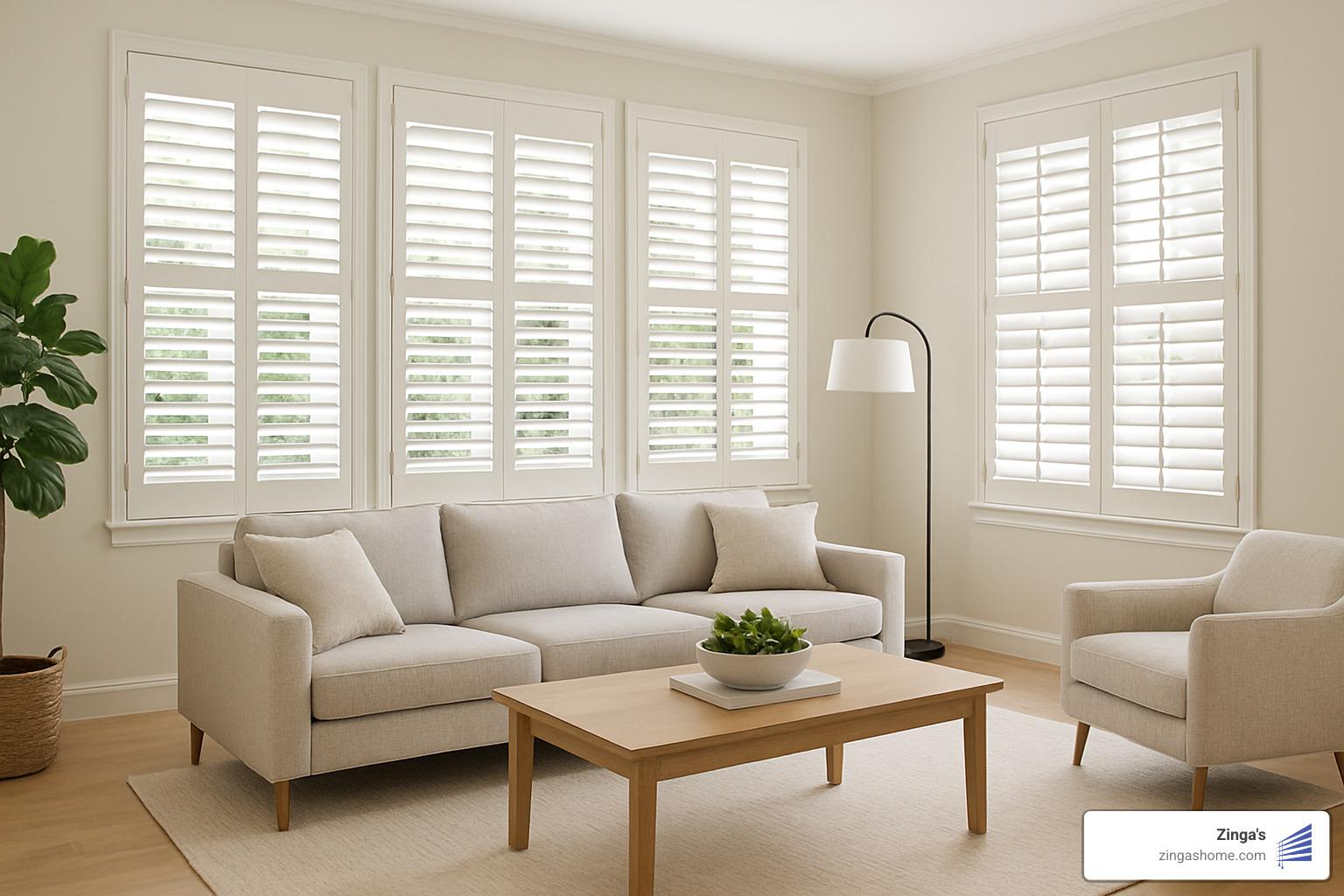 modern plantation shutters in a living room - plantation shutters