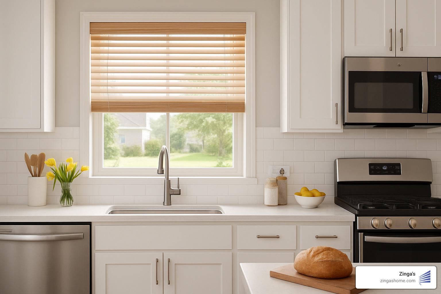 moisture-proof faux wood blinds in a kitchen window - eco friendly window blinds moisture-proof faux wood blinds in a kitchen window - eco friendly window blinds