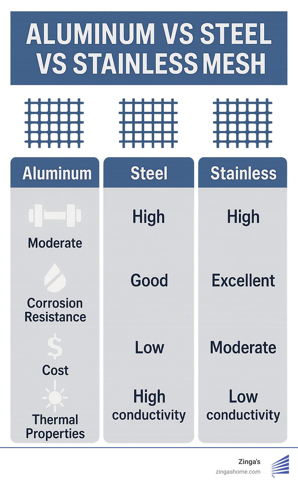 Infographic comparing aluminum vs steel vs stainless mesh properties including strength, corrosion resistance, cost, and thermal properties - sliding patio security doors infographic