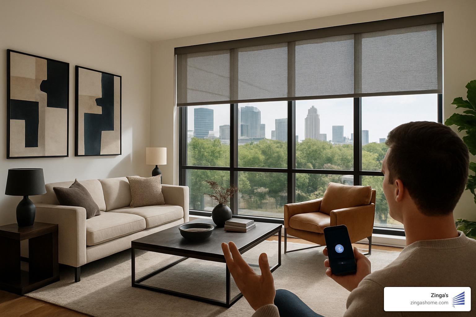 Voice-controlled motorized window shades being operated through smartphone app in modern Dallas home - dfw window treatments