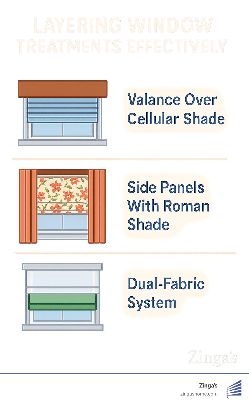 Diagram showing how to layer window treatments effectively, with examples of valance over cellular shade, side panels with roman shade, and dual-fabric systems for maximum light control and style - kitchen window blinds ideas infographic
