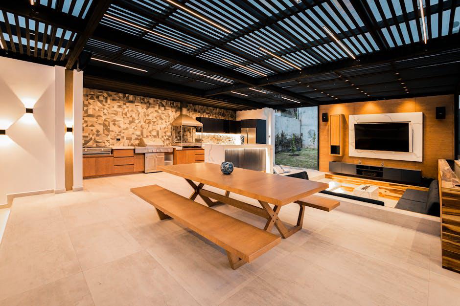 Outdoor living room with integrated motorized screens - motorized patio shades dallas
